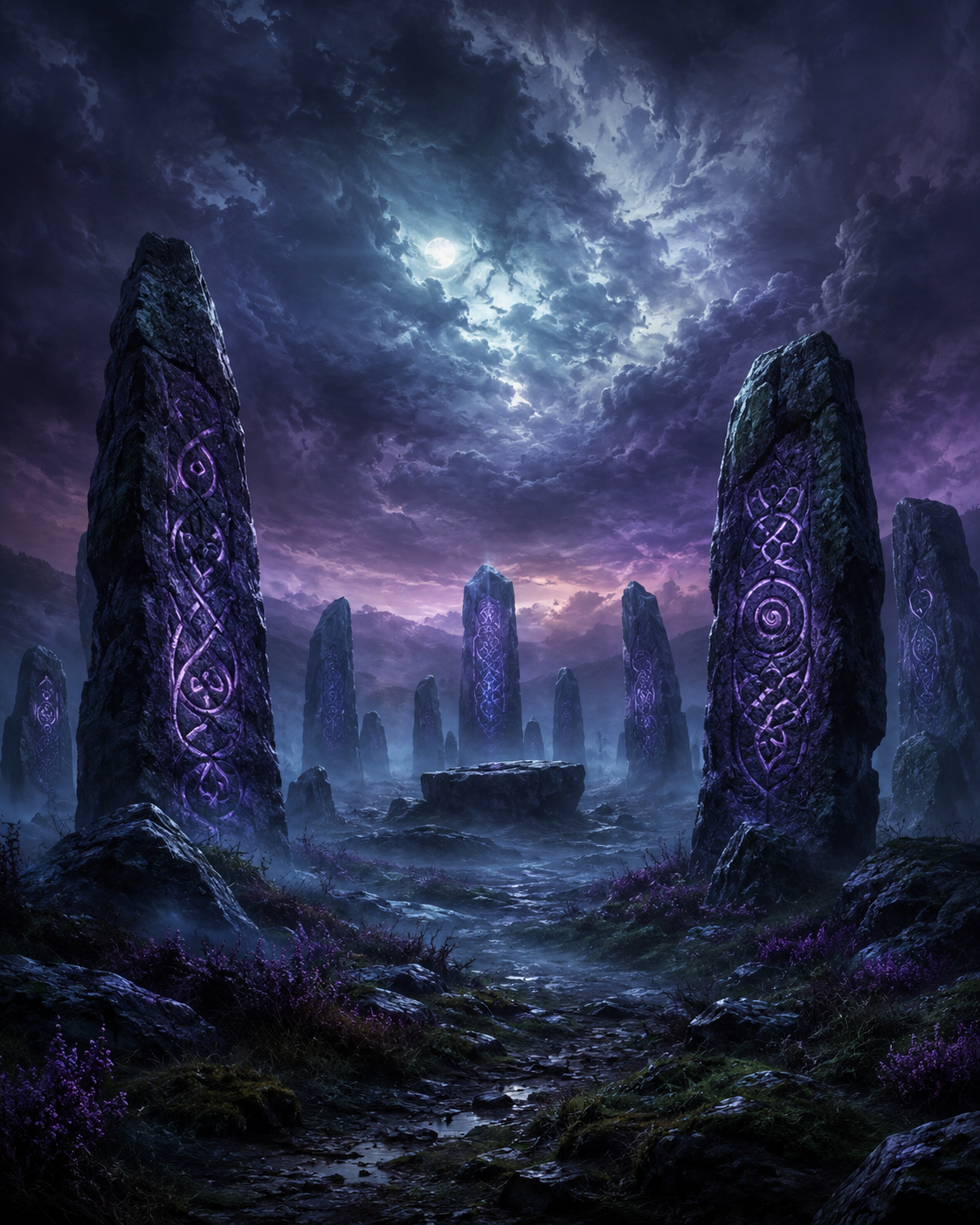 Ancient stone circle shrouded in mist representing folklore, myths and legends